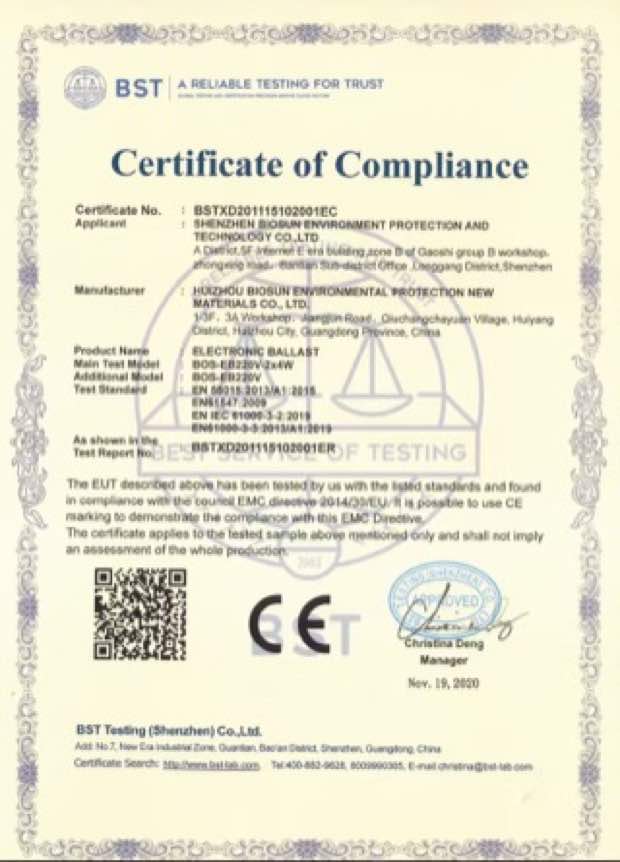 CE certificate preview for BIOSUN electronic ballast