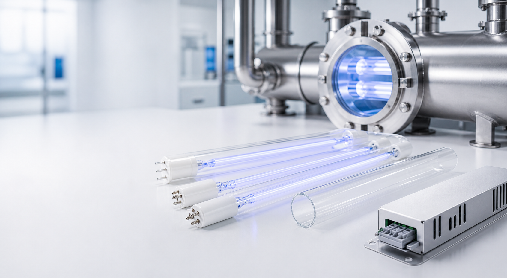 UV germicidal lamp tubes, quartz sleeve and ballast
