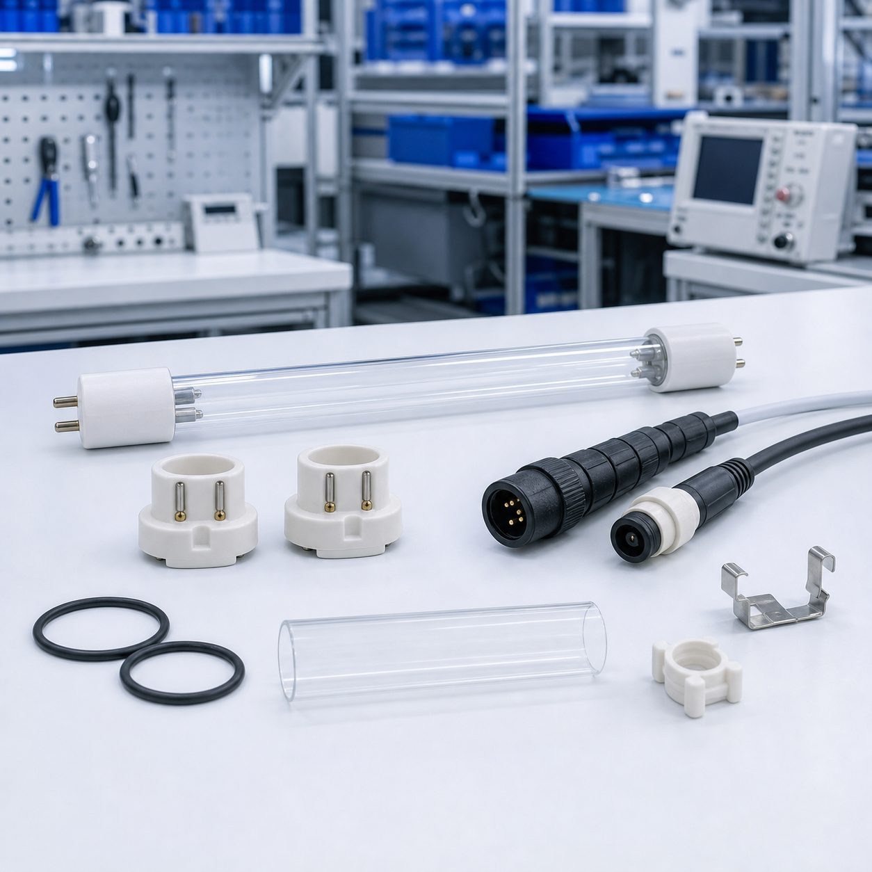 UV lamp accessories including holder, O-ring, cable and quartz sleeve for replacement maintenance