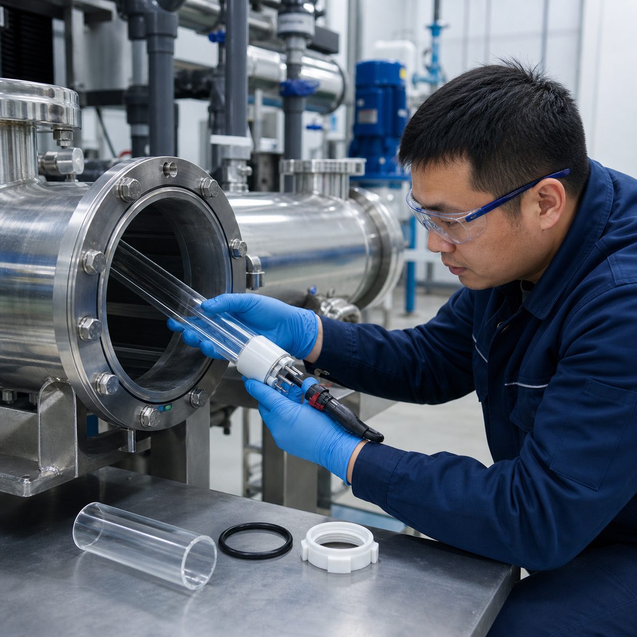 UV system maintenance technician checking lamp holder quartz sleeve and cable connection