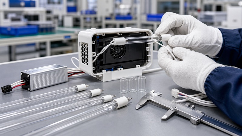 Technician inspecting slim cold cathode UV lamp tubes with compact driver connectors and module housing