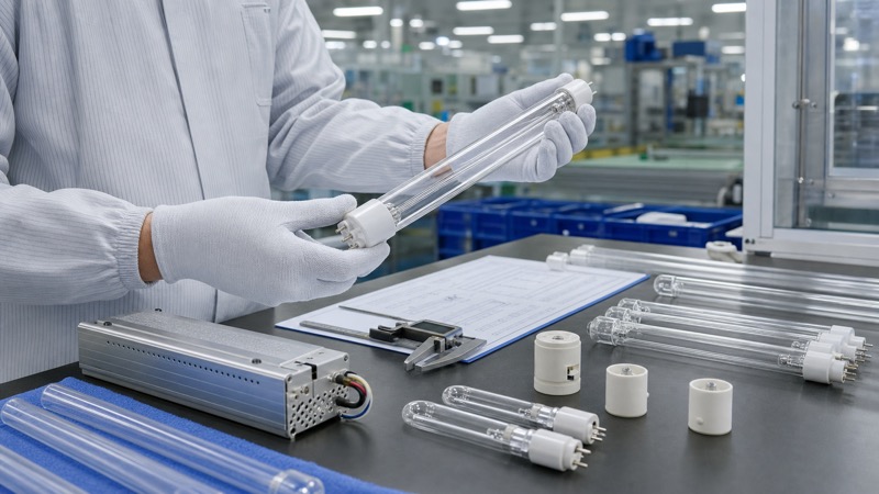 Technician inspecting customized UV lamp tubes and bases for OEM equipment manufacturing