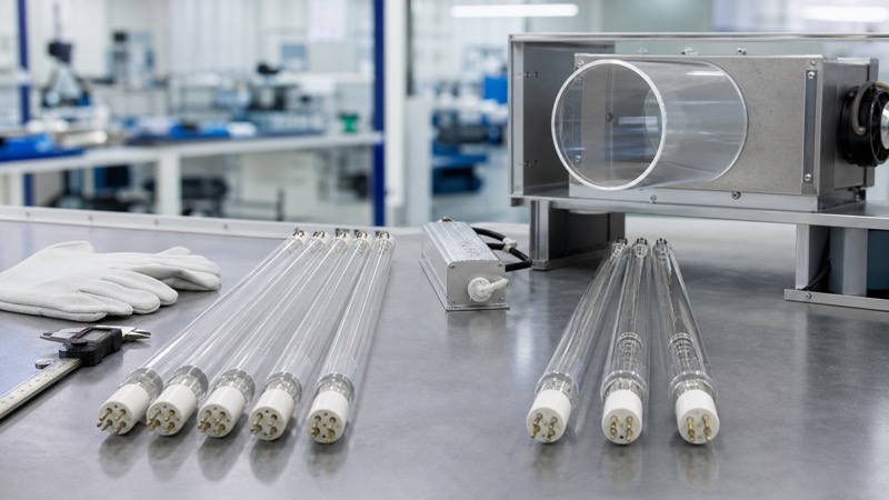 Ozone-free and ozone-generating UVC lamp tubes on a factory testing bench