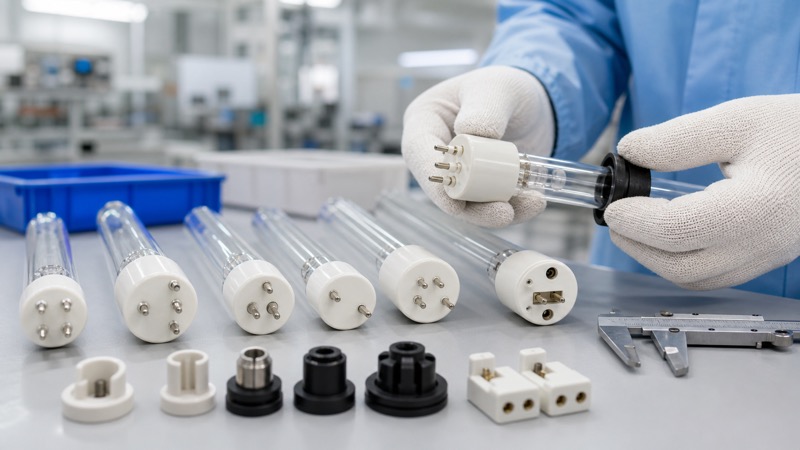 Technician comparing UV lamp ceramic bases and pin layouts on a factory inspection bench