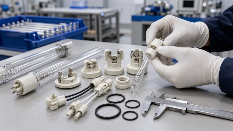 UV lamp holders ceramic caps connectors O-rings and wiring accessories on an industrial workbench