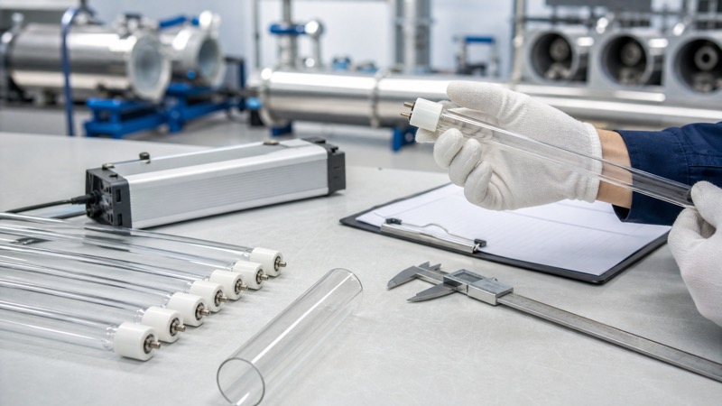 Technician inspecting UV germicidal lamp tubes with quartz sleeve ballast and maintenance checklist