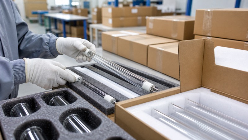 UV germicidal lamps and quartz sleeves packed in protective foam for international shipment