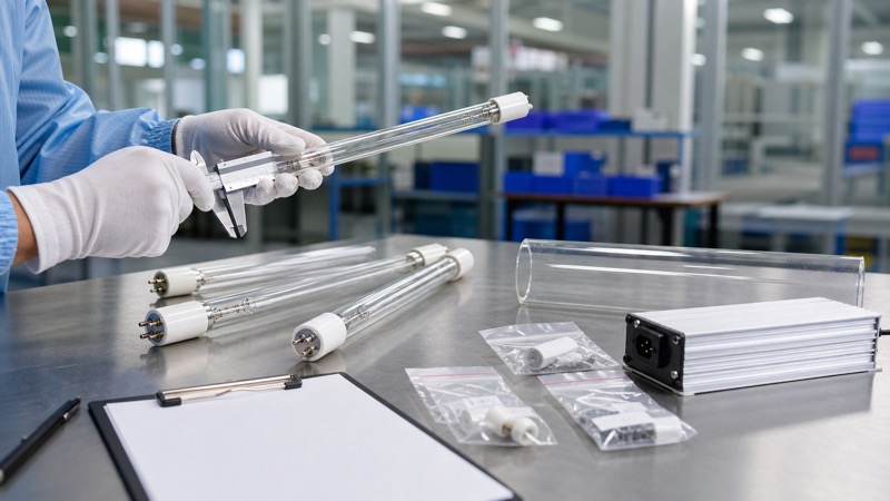 Technician measuring UV germicidal lamp samples with quartz sleeve ballast and accessories on a factory QC bench