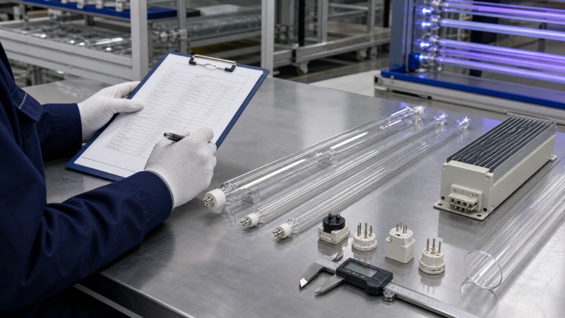 Technician reviewing UV lamp specification sheet with lamp tubes quartz sleeve ballast and measuring caliper on a factory QC bench