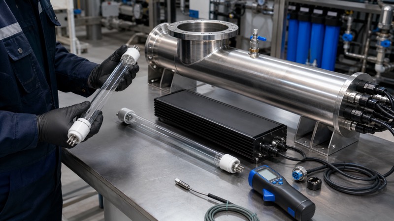 Technician checking amalgam UV lamp quartz sleeve electronic ballast and temperature tool beside a stainless water treatment UV reactor
