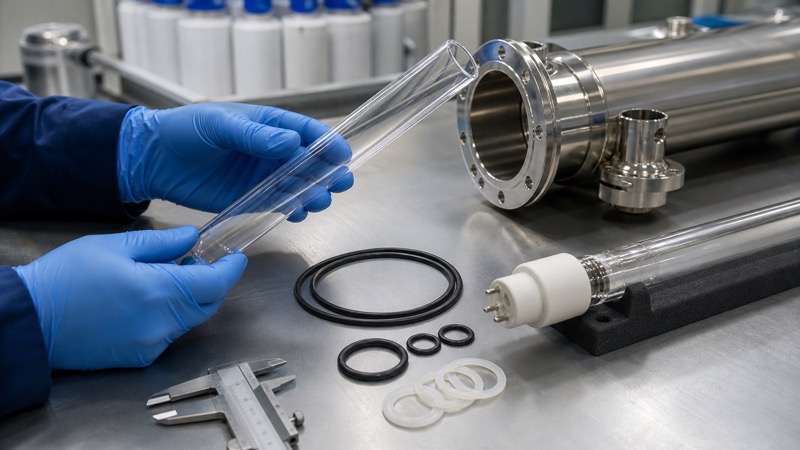 Technician inspecting quartz sleeve O-rings and silicone seals beside a stainless UV water sterilizer reactor and UVC lamp