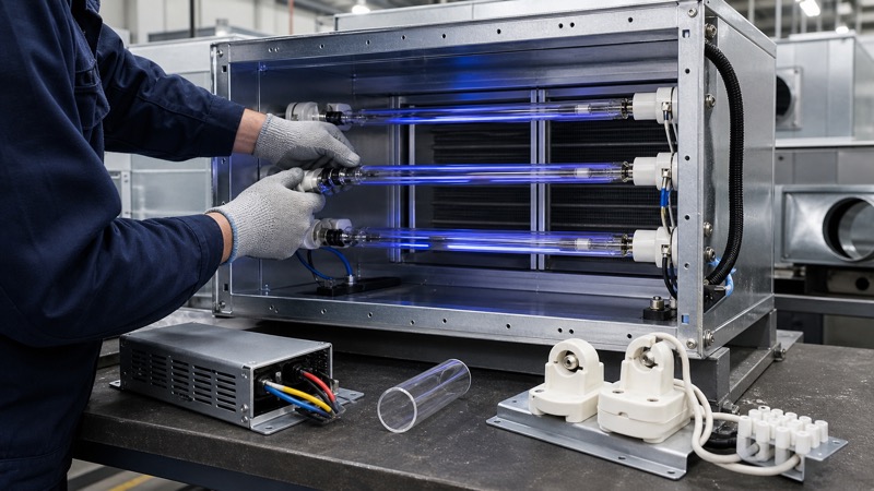 Technician inspecting UVC lamp tubes inside an HVAC air duct module with ballast holders and wiring connectors