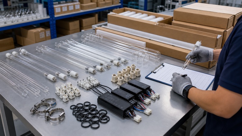 Technician checking organized UV lamp spare parts including lamp tubes quartz sleeves ballasts holders connectors O-rings and export cartons