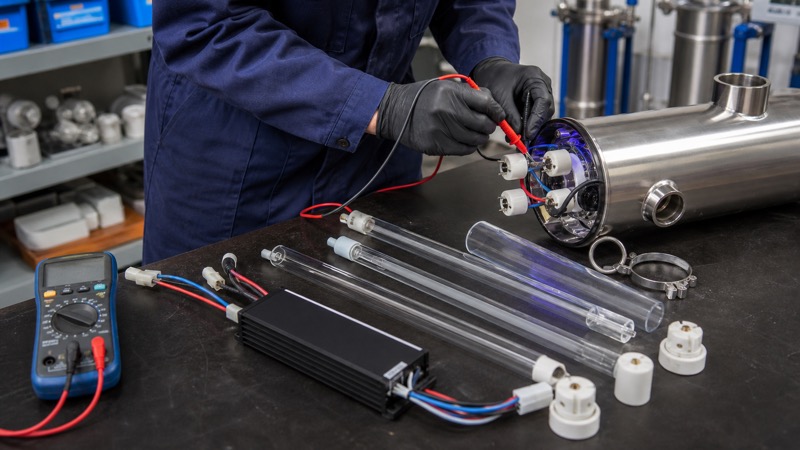 Technician troubleshooting UV lamp assembly with quartz sleeve electronic ballast connectors and multimeter on maintenance bench