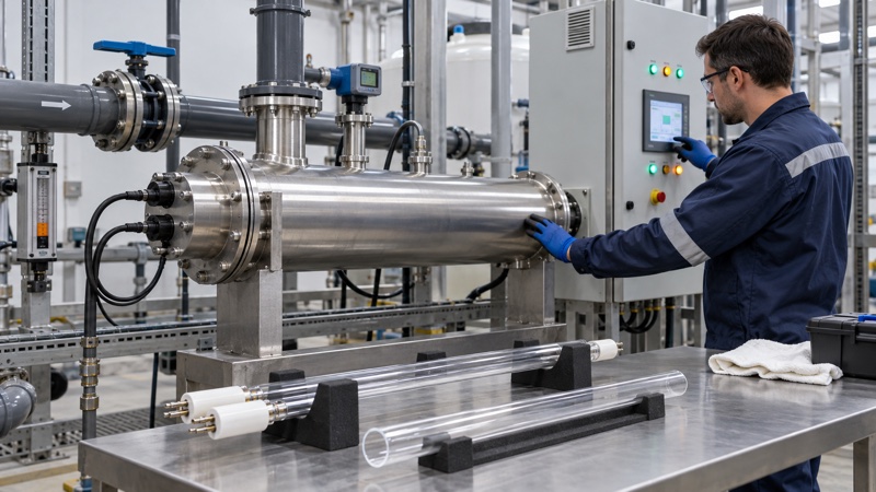 Engineer monitoring amalgam UV lamp warm-up on a stainless steel water treatment reactor with quartz sleeve and lamp tubes