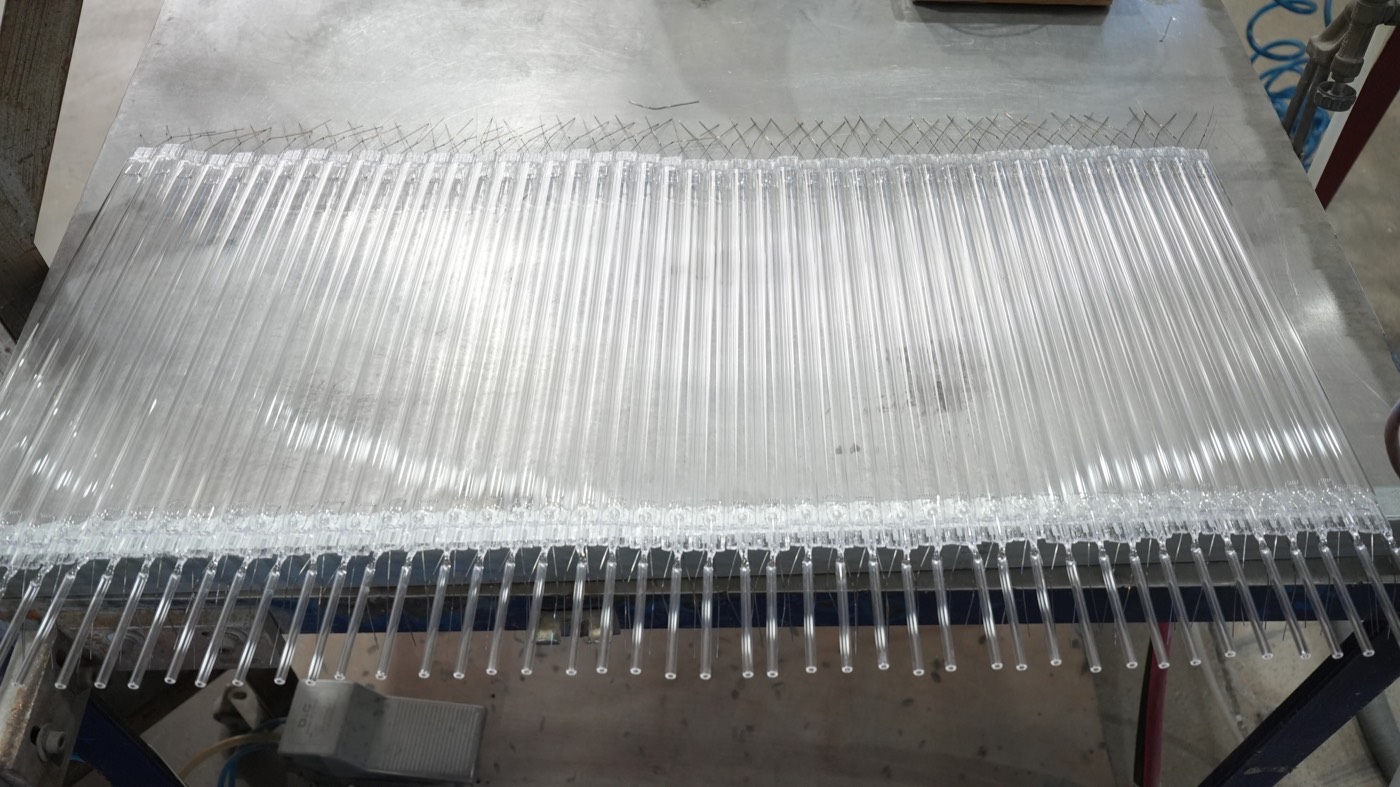 Quartz UV lamp tubes arranged during BIOSUN production