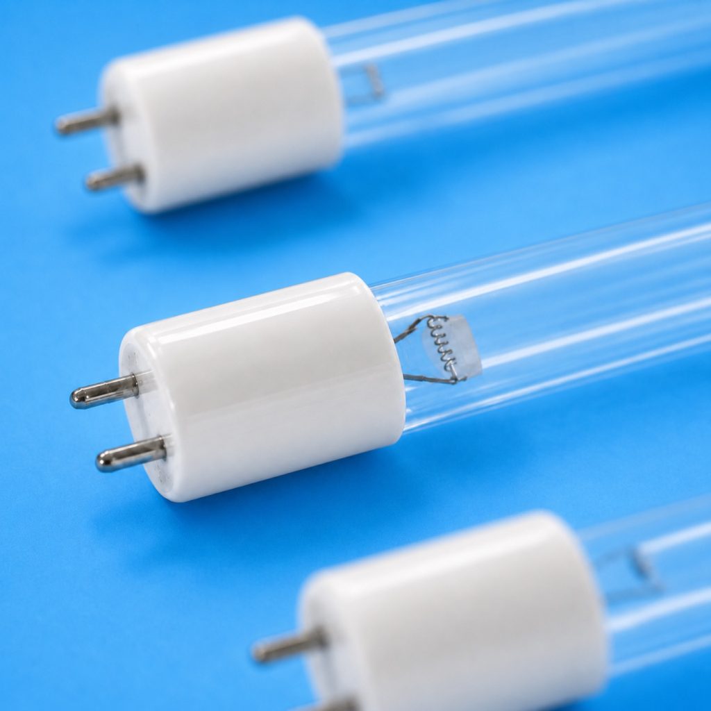 Close-up of hot cathode linear UV germicidal lamp bases and tubes