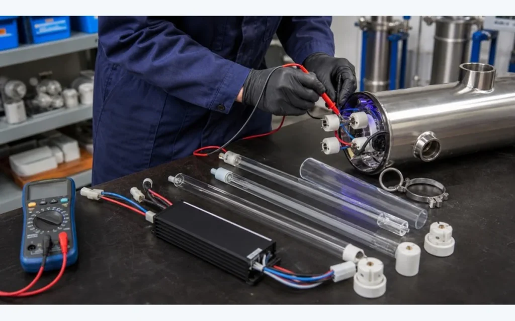 Replacement UVC lamps, ballast and UV reactor being checked for compatibility