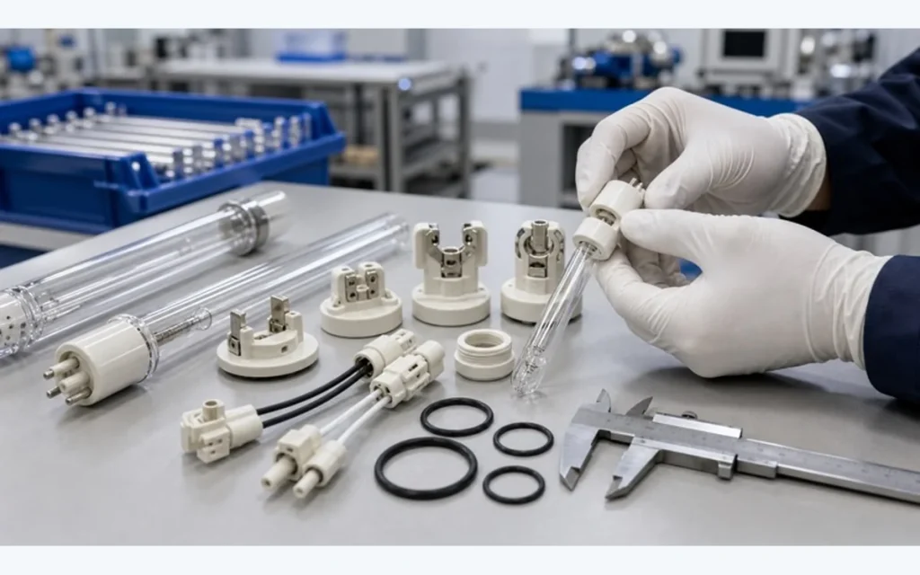 UV lamp bases, holders, connectors and O-rings arranged for component matching