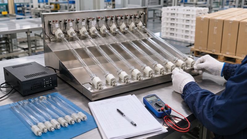 Technician inspecting UV germicidal lamps on an aging test rack with ballast quartz sleeves and QC documents before shipment