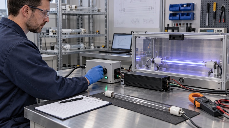 Engineer testing UV lamp dimming and electronic ballast power control inside a protected industrial laboratory enclosure