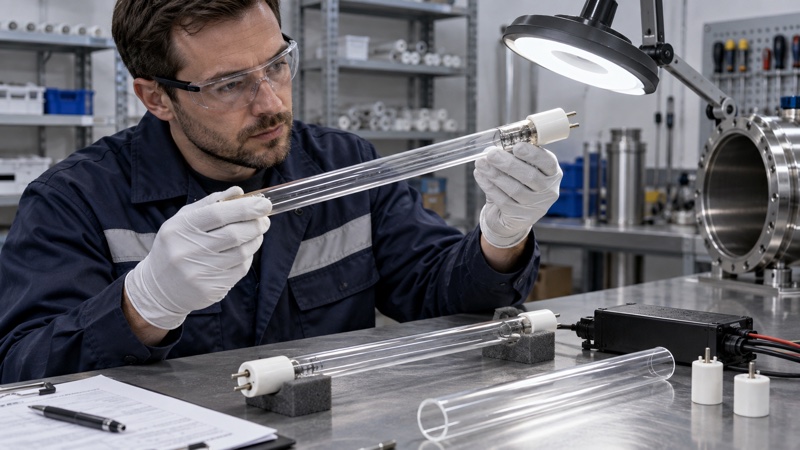 Technician inspecting electrode end darkening on a used UV germicidal lamp beside a new lamp ballast and quartz sleeve