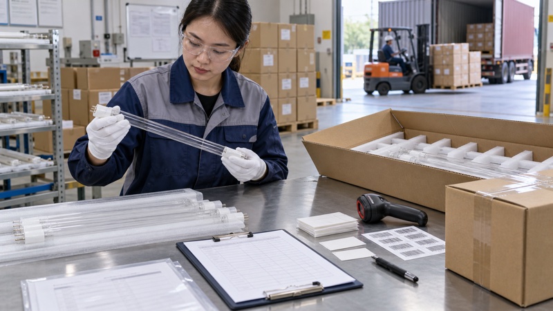 Quality inspector checking UV lamp labels batch documents and protective export packaging before shipment