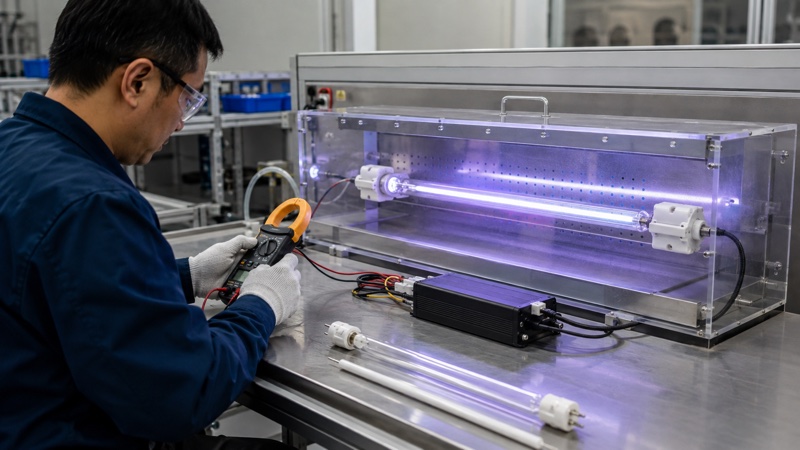 Technician measuring UV lamp operating current with an electronic ballast in a protected factory test enclosure