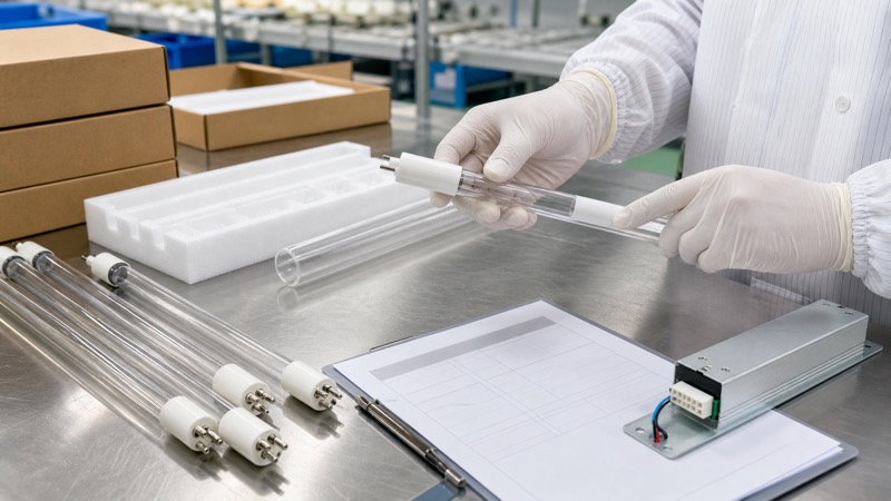 Technician inspecting private label UV lamp marking with lamp tubes quartz sleeve ballast sample sheet and export packaging on factory QC bench