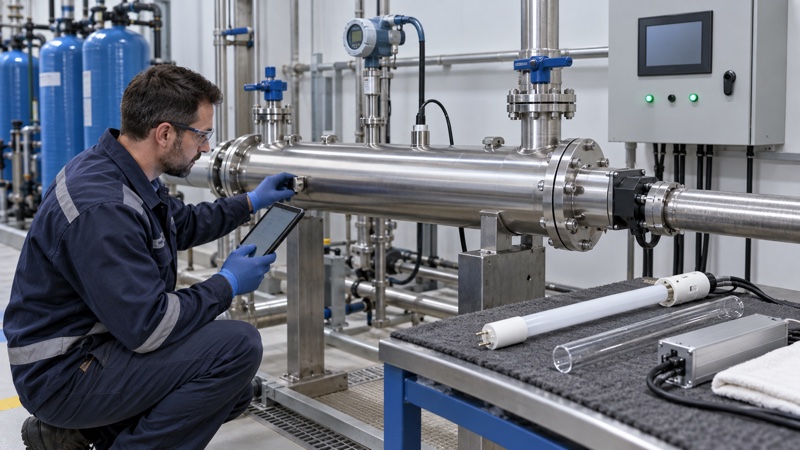Engineer inspecting a stainless steel UV water sterilizer reactor with lamp quartz sleeve and electronic ballast during commissioning