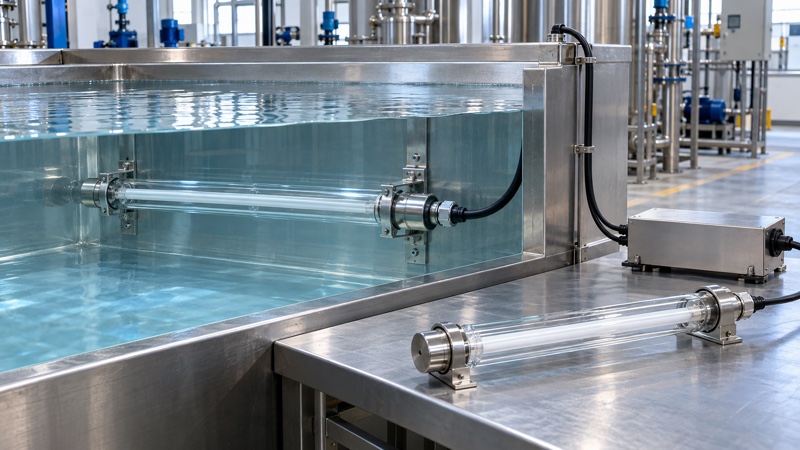 Submersible UV lamp assembly with quartz sleeve waterproof cable gland and external electronic ballast installed in a stainless steel water tank