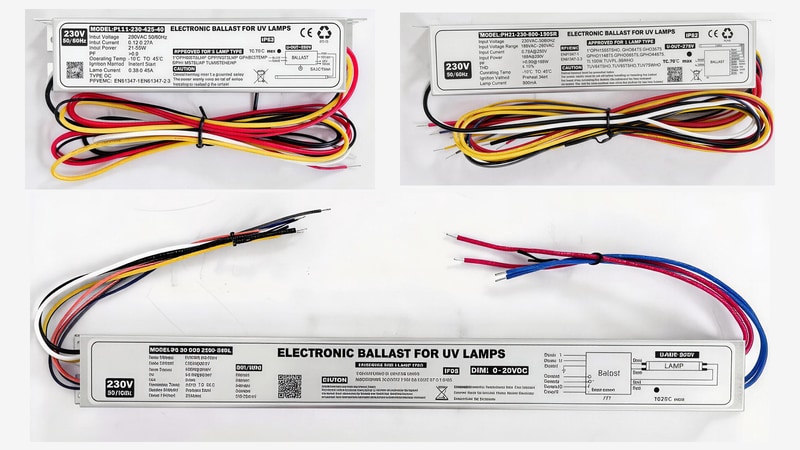 Three UV electronic ballasts with their original printed model nameplates mounting tabs and multicolor lamp leads