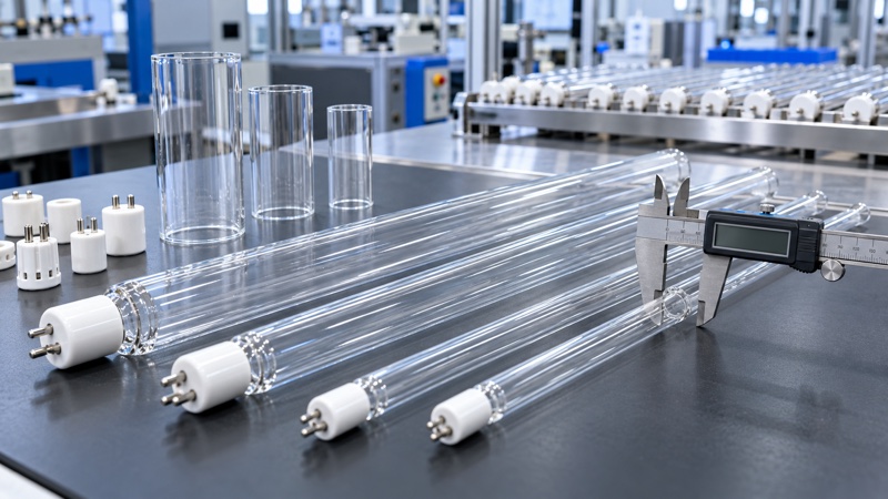 Different diameter UV germicidal lamp tubes measured with a digital caliper beside quartz sleeves and ceramic lamp bases