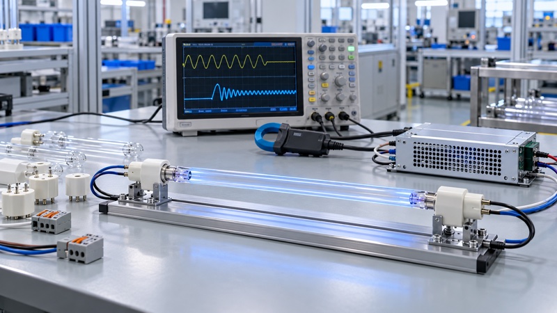 UV germicidal lamp connected to an electronic ballast and oscilloscope for filament preheating and startup validation