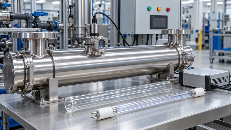 UV intensity monitoring sensor installed on a stainless steel water reactor beside a germicidal lamp quartz sleeve ballast and control panel